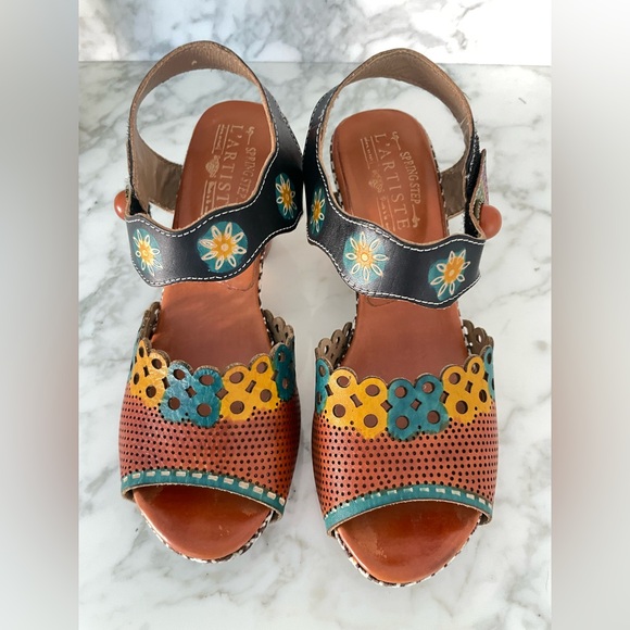 L’Artiste Spring Boho Step Leather Floral Heeled Sandals Artsy Jive Hippie 39 - Picture 7 of 9